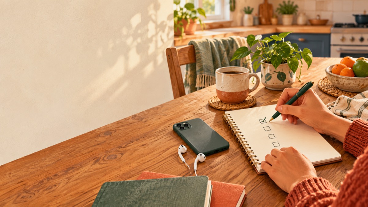 Persona preparando una rutina gratuita de inglés hablado con un móvil y un cuaderno