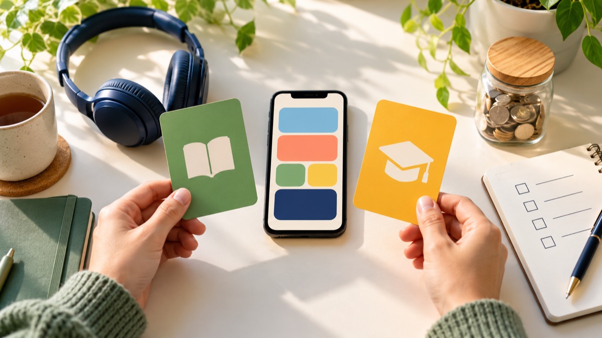 Persona comparando opciones gratuitas para aprender inglés en un escritorio