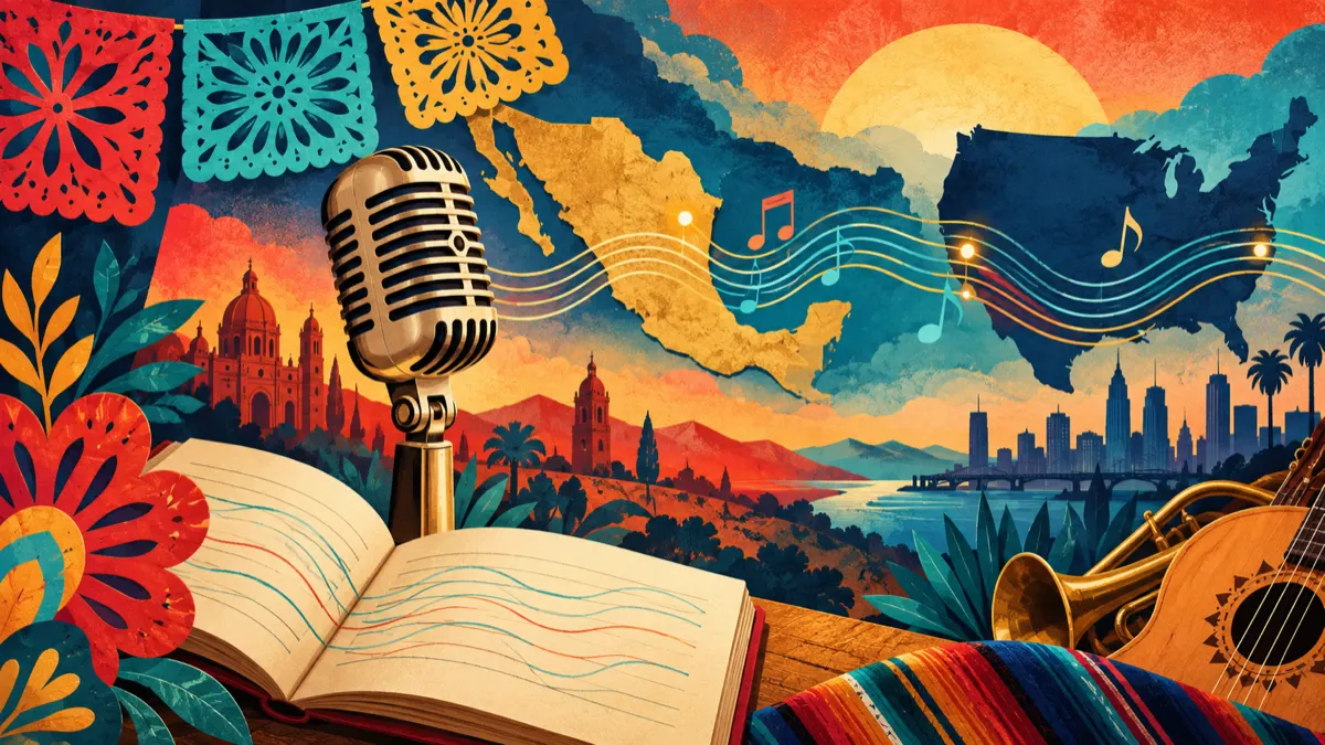 Micrófono de estudio y cuaderno abierto con formas de papel picado y ondas de sonido