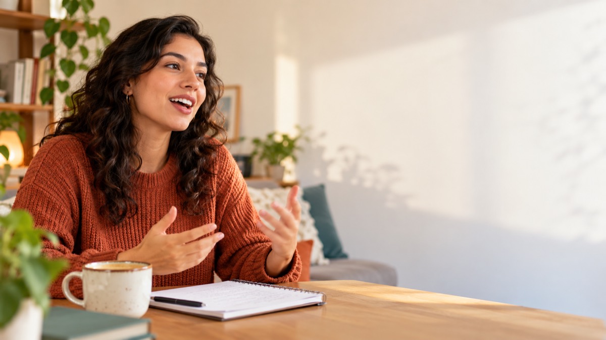 Aprendiz practicando inglés hablado en casa con un cuaderno y una taza de café