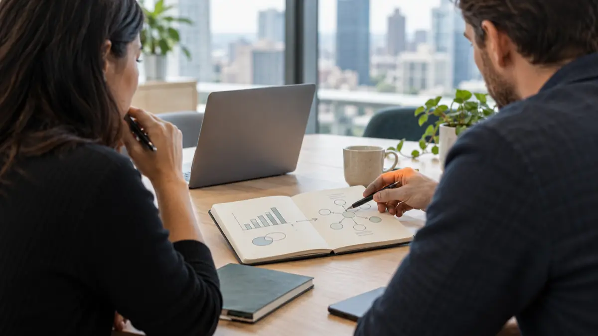 Two coworkers discussing abstract budget notes at a desk in a modern office