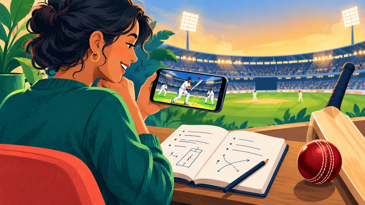 English learner watching a generic cricket match on a phone beside a notebook and cricket ball