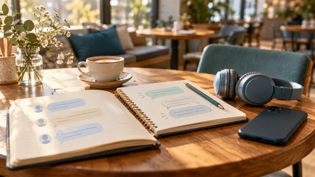 Notebook with simple conversation bubbles beside headphones and a coffee in a bright cafe