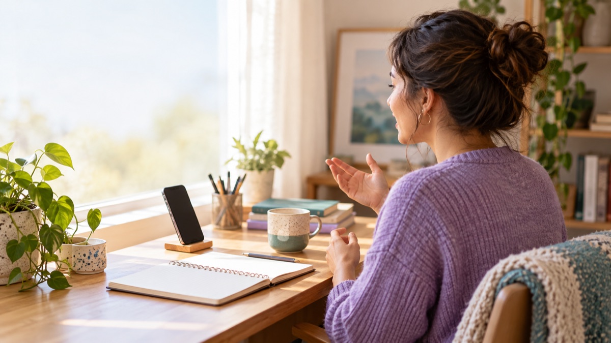 English learner practising speaking at a desk with a phone and notebook