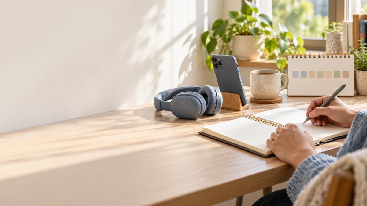 English learner testing a speaking practice app beside a notebook and headphones