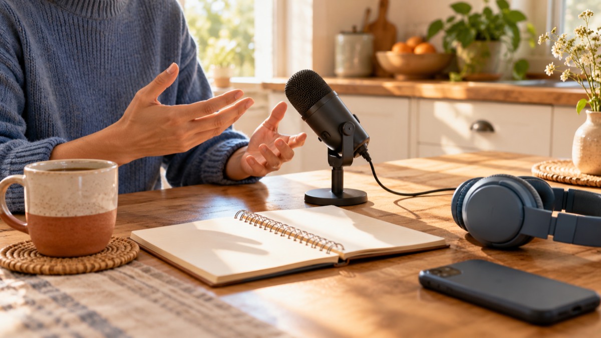Learner practising spoken English at a desk with headphones and a notebook