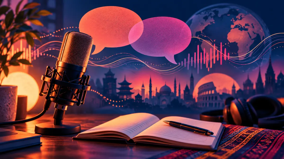 Studio microphone and open notebook with abstract speech bubbles and sound waves