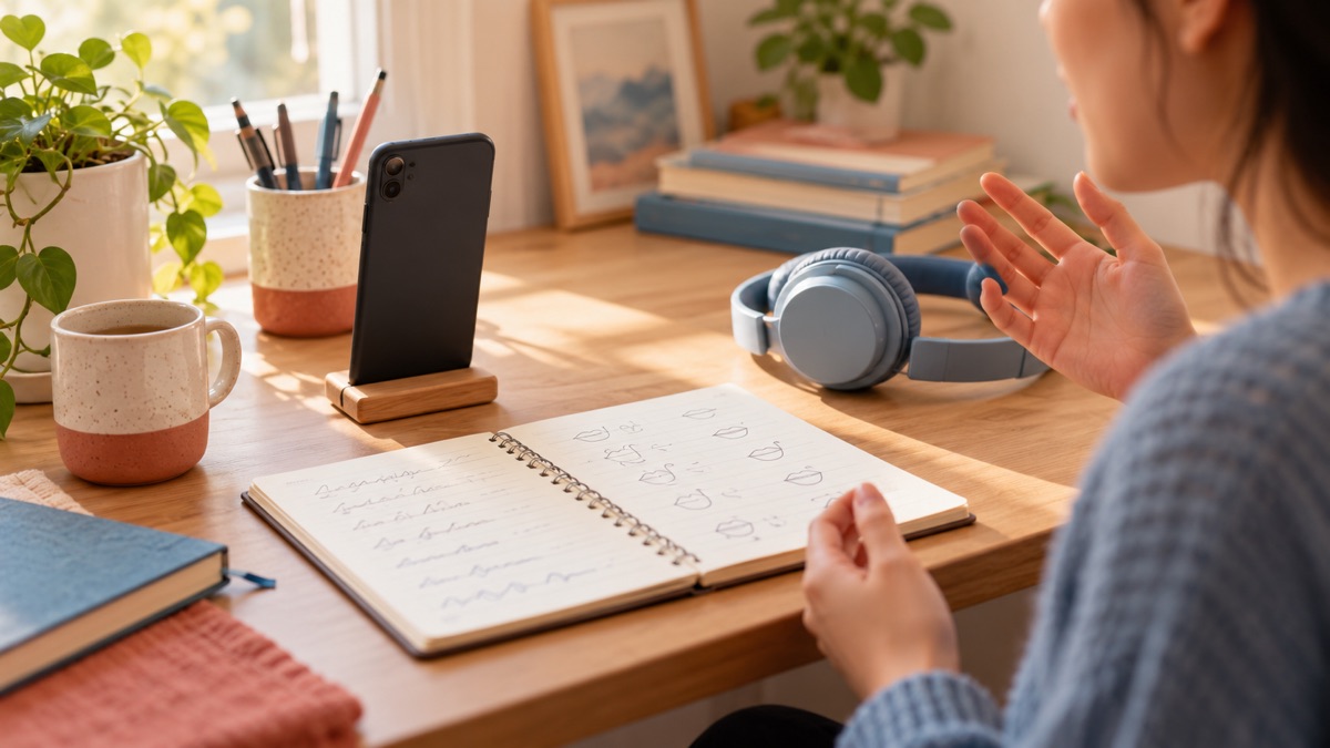 English learner practising pronunciation beside a phone, headphones, and notebook