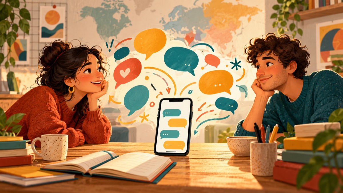 Teléfono y cuaderno coloridos en un escritorio de estudio rodeados de burbujas de conversación