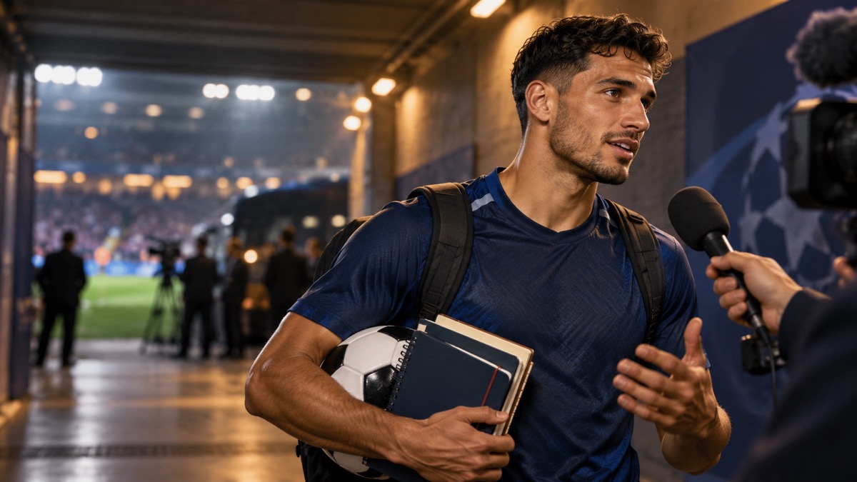 Editorial illustration of a generic footballer practising English in a stadium tunnel