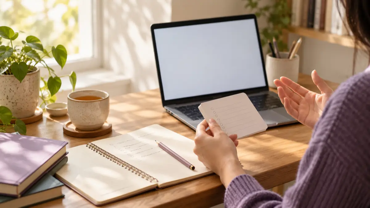 English learner reviewing a vocabulary quiz at a home study desk